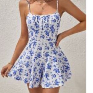 Floral blue and white romper dress
